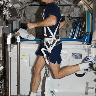 L’astronaute de la NASA Dan Burbank s’entraîne avec un système de harnais high-tech permettant de reproduire des mouvements réalistes