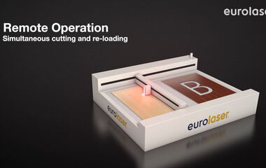 Vorschaubild zum Video über die Remote Operation von eurolaser mit geteiltem Arbeitsbereich für parallele Bearbeitung und automatisierte Abläufe