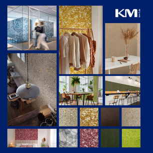 Übersicht von Organoid-Beispielanwendungen von KM foliographics für Architektur-, Innenraum- und Designlösungen mit natürlichen Oberflächenmaterialien