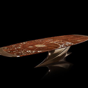 Cosmic Dining Table con marquetería de nogal de raíz americano, nácar, pan de oro y resina metalizada, fabricado mediante corte por láser en una máquina láser de corte de eurolaser
