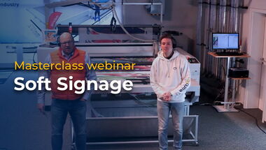 Thumbnail for the video of the eurolaser webinar recording about precise laser cutting of soft signage textiles