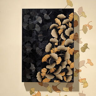 Ginkgo Gold con marquetería de madera de Bolivar ebonizada y pan de oro Moon Gold, fabricado mediante corte por láser en una máquina láser de corte de eurolaser