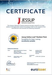 Certificate for the laser cutting test of Jessup Safety Load® Resilient Thick
