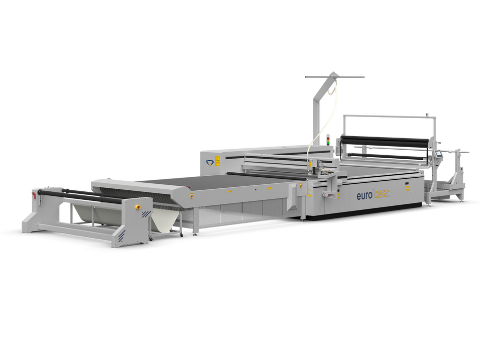 CO₂ laser cutting machine eurolaser XL-3200 with Conveyor System viewed from an angled front perspective