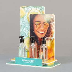 Flaschendisplay aus KROMA® Displayboard von KOHLSCHEIN – Laserschneiden und Lasern von Displaykarton für POS-Displays mit dem CO₂-Laser