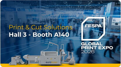 eurolaser showcasing CO₂ laser cutting machines at FESPA 2026 in Barcelona for precise cutting of printed textiles, films and rigid materials using intelligent camera technology