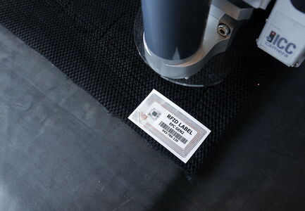 RFID label applied to material by a eurolaser CO₂ laser cutting machine enabling contactless data transmission and component tracking in manufacturing