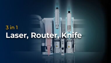 Thumbnail for the video showing the eurolaser 3-in-1 solution with CO₂ laser cutting machines, routing tools and knife cutting technology