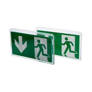 Señales de salida de emergencia impresas, procesadas con precisión por láser después de la impresión para aplicaciones de señalización y seguridad con una máquina láser CO₂ de eurolaser