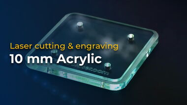 Thumbnail for the video showing combined processing of 10 mm acrylic with groove routing, laser cutting and engraving on a eurolaser cutting system