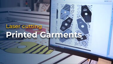 Thumbnail for the video showing precise laser cutting of digitally printed textiles for promotional garments with eurolaser CO₂ laser cutting machines
