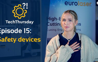Thumbnail zum Video zeigt Sicherheitssysteme wie Lichtschranken und Not-Aus bei eurolaser Laserschneidmaschinen